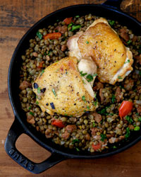 Chicken Thighs with Lentils, Chorizo, and Red Pepper